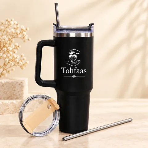 Black handled tumbler with white Tohfaas branding.