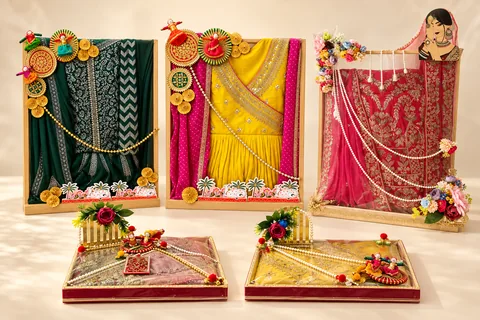 Styled composite of supplied standing and tray packing designs.