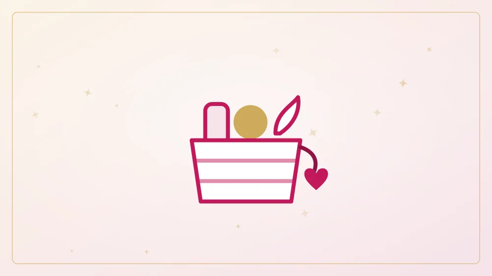 Illustration of a custom gift basket filled with treats and a heart-shaped tag