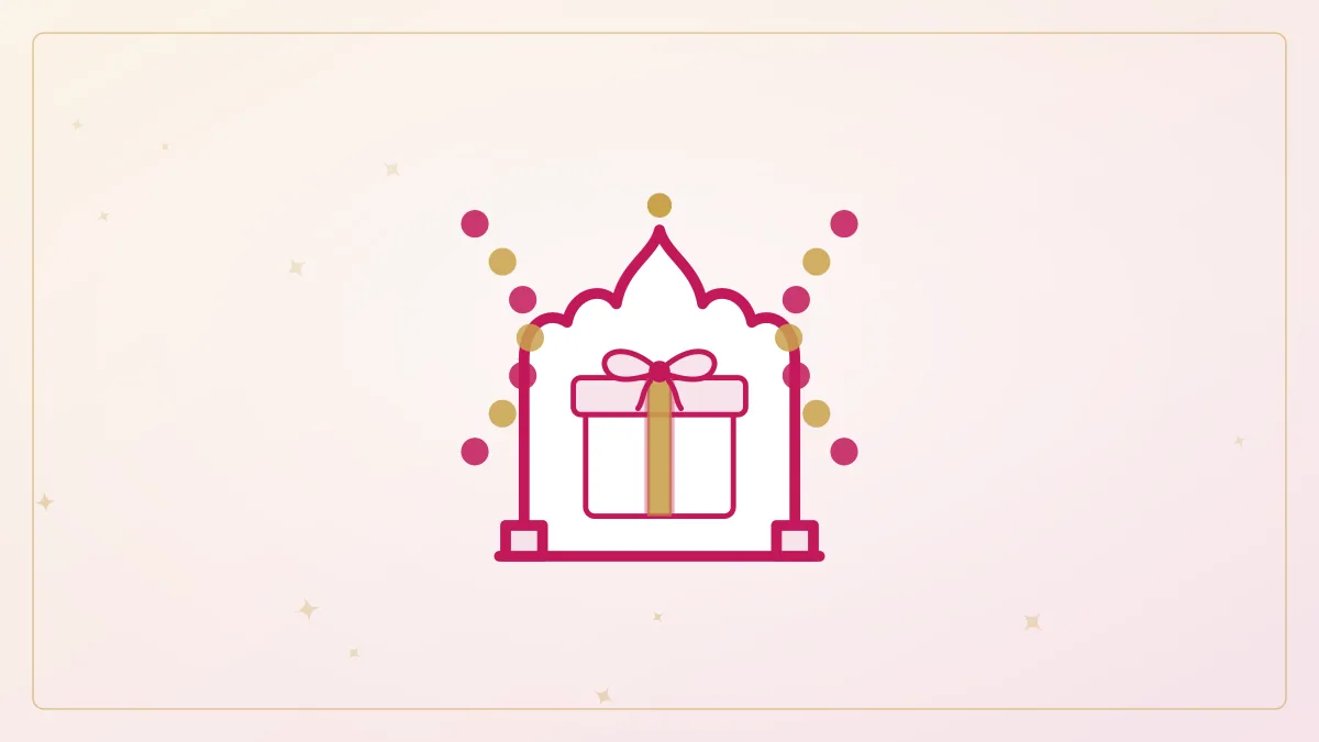 Illustration of a Jaipur jharokha arch with a gift hamper, garlands and marigolds