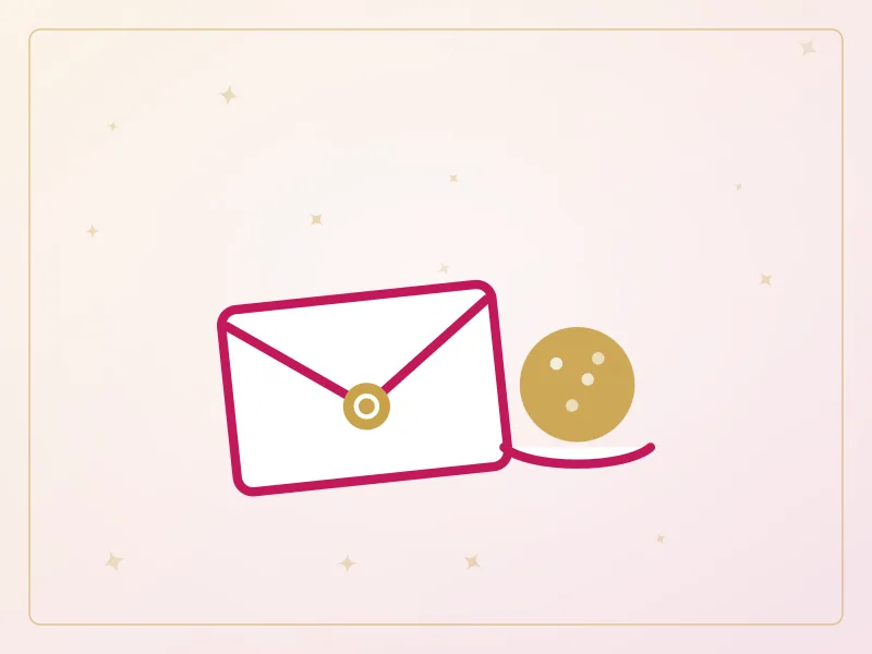 Illustration of a personal message card with wax seal and a mithai laddoo