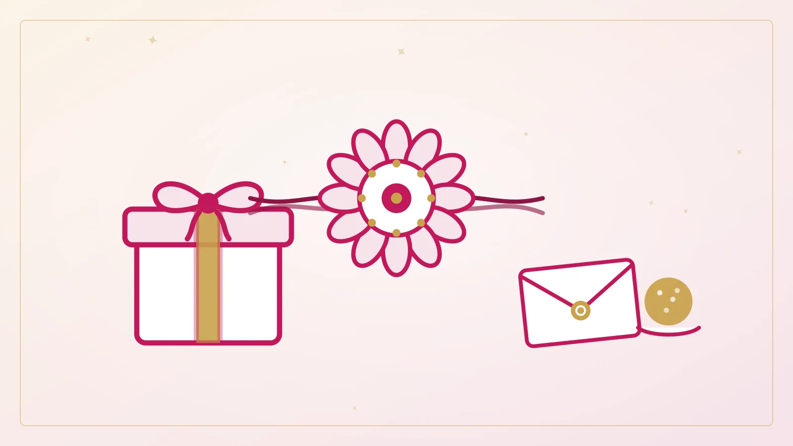 Illustration of a Rakhi gift hamper — gift box, handcrafted rakhi and personal message card from the Tohfaas Jaipur studio