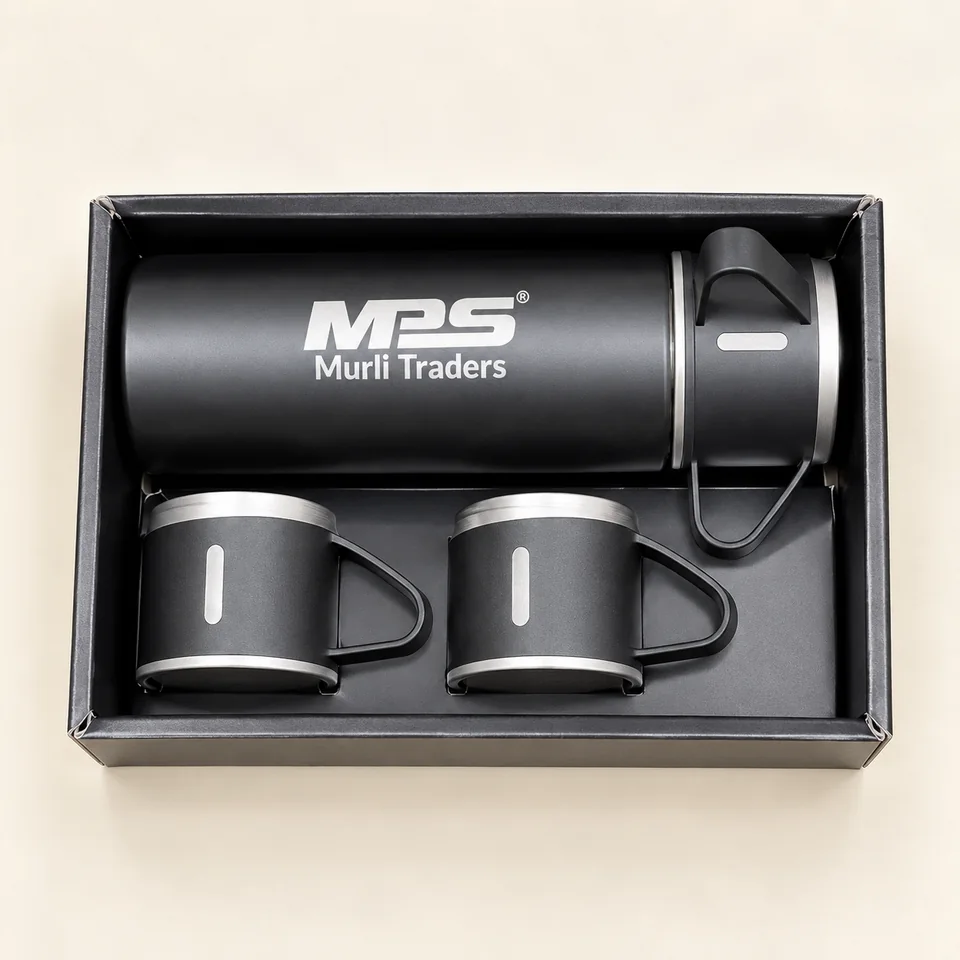 MPS Murli Traders bottle and two cups from supplied order footage; background and lighting refined.