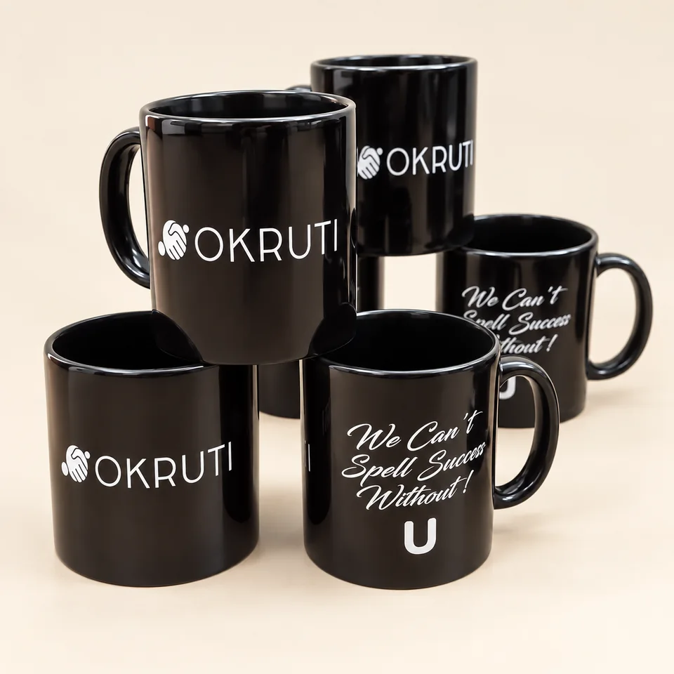 Okruti branded mugs from supplied order footage; background and lighting refined.