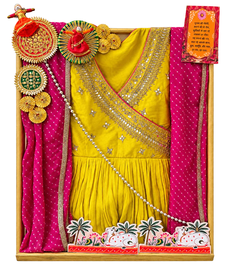 Yellow outfit presentation in a pink frame.