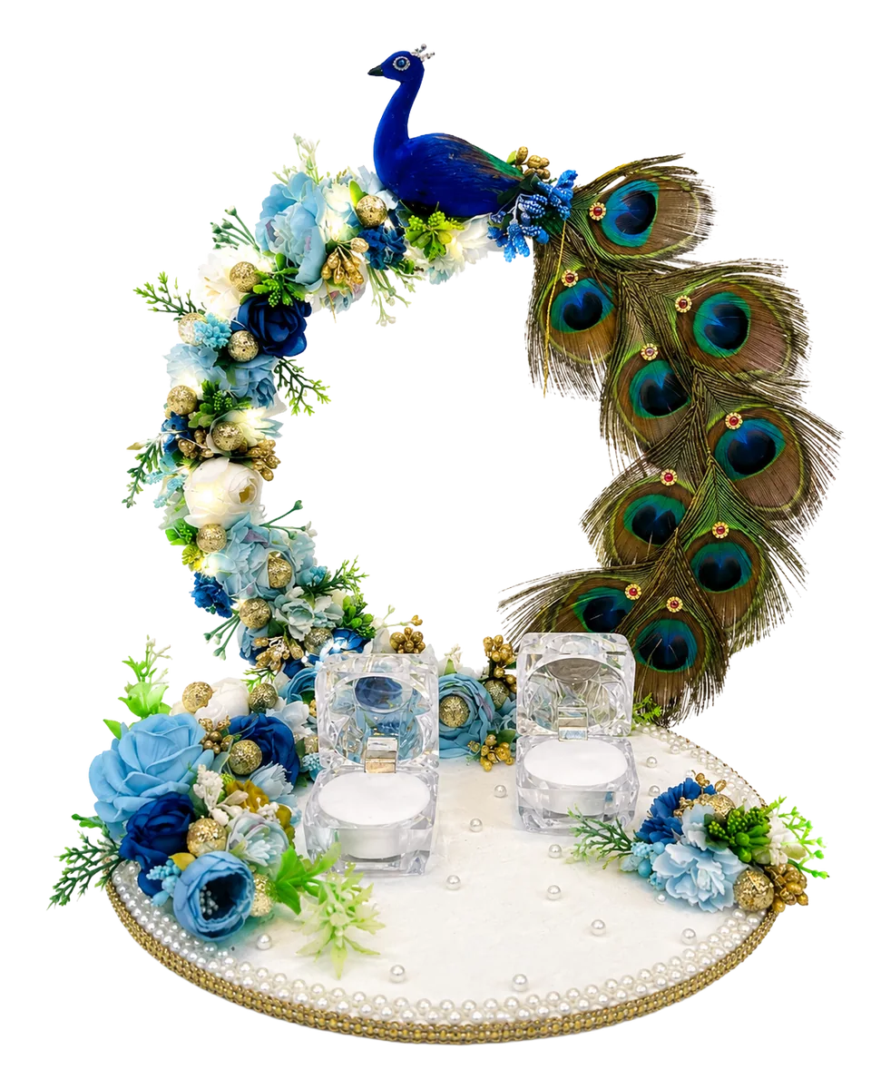 Blue ring platter with peacock motifs.